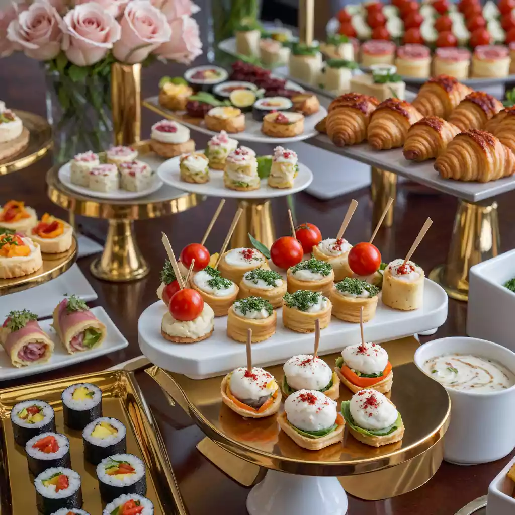 "Elegant mini canapés and pastries for business meeting catering, styled for upscale corporate gatherings and events in Dubai. "