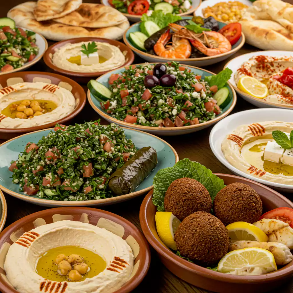 "Traditional Middle Eastern dishes for business meeting catering, including hummus, falafel, tabbouleh, and grilled seafood in Dubai. "