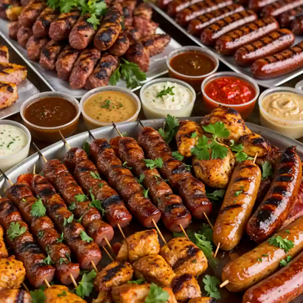 "Grilled sausages and skewers for business meeting catering, served with sauces and sides for flavorful corporate catering in Dubai. "
