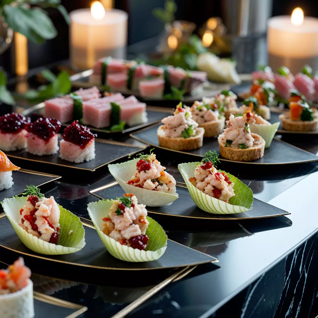Italian-inspired canapés with fresh mozzarella, basil, and cherry tomatoes.