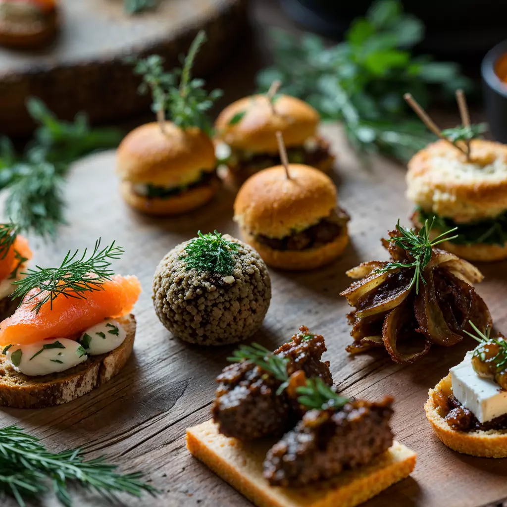 Warm mini beef wellingtons served with a rich jus for a gourmet touch.