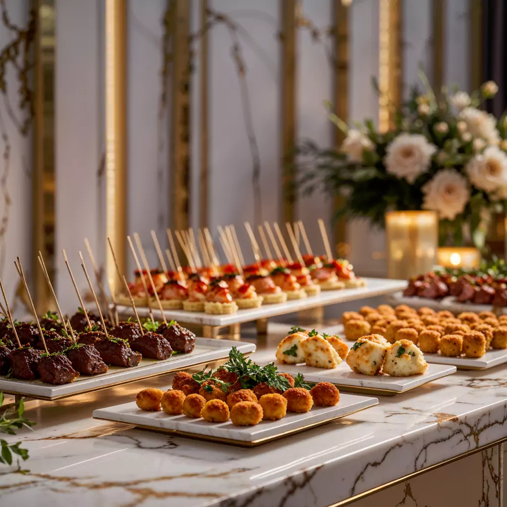 Seafood canapés showcasing fresh crab salad on crispy crostini.