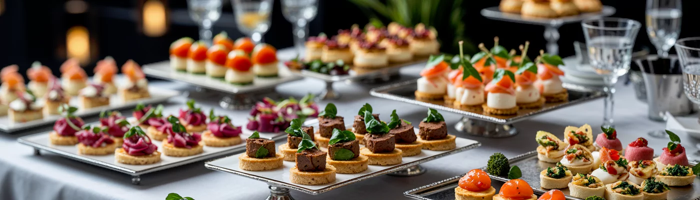 A colorful variety of canapés for business meeting catering, ideal for elegant corporate catering services and events in Dubai.