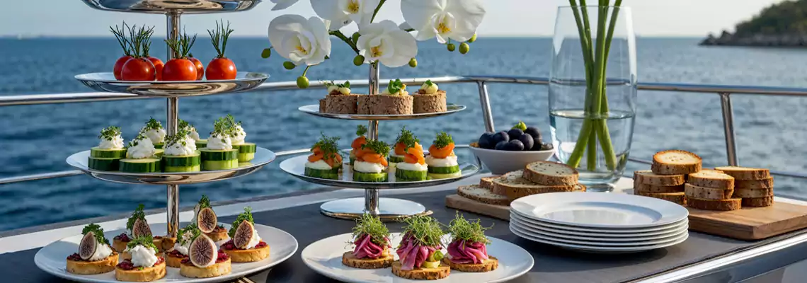 Delicious canapés crafted to perfection for luxury yacht events in Dubai.
