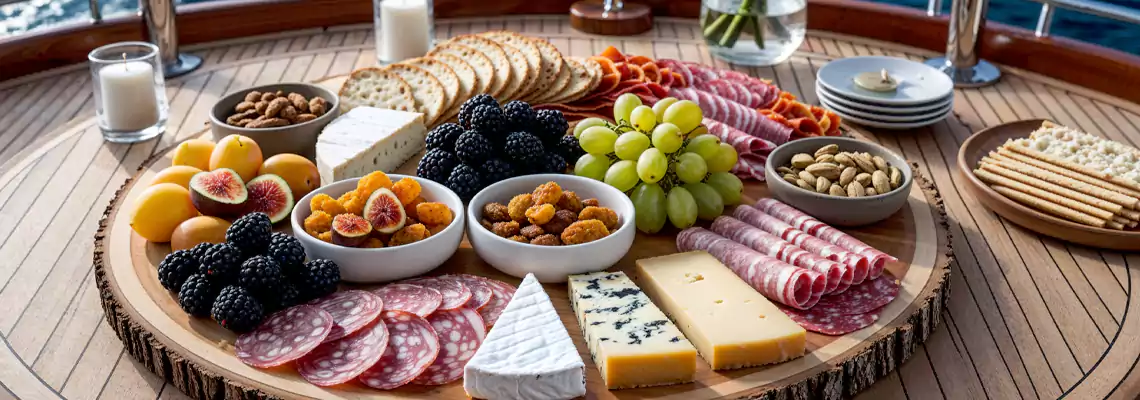 Elegant cheese and charcuterie platters perfect for sophisticated yacht gatherings.