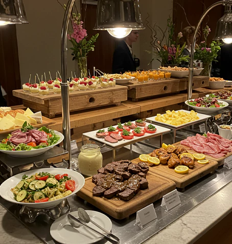 A continental buffet for business meeting catering with fresh salads, meats, cheeses, and desserts, perfect for corporate catering services in Dubai.