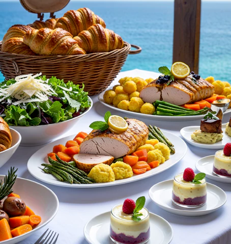 Continental cuisine blending classic flavors with modern dishes for exclusive yacht parties.