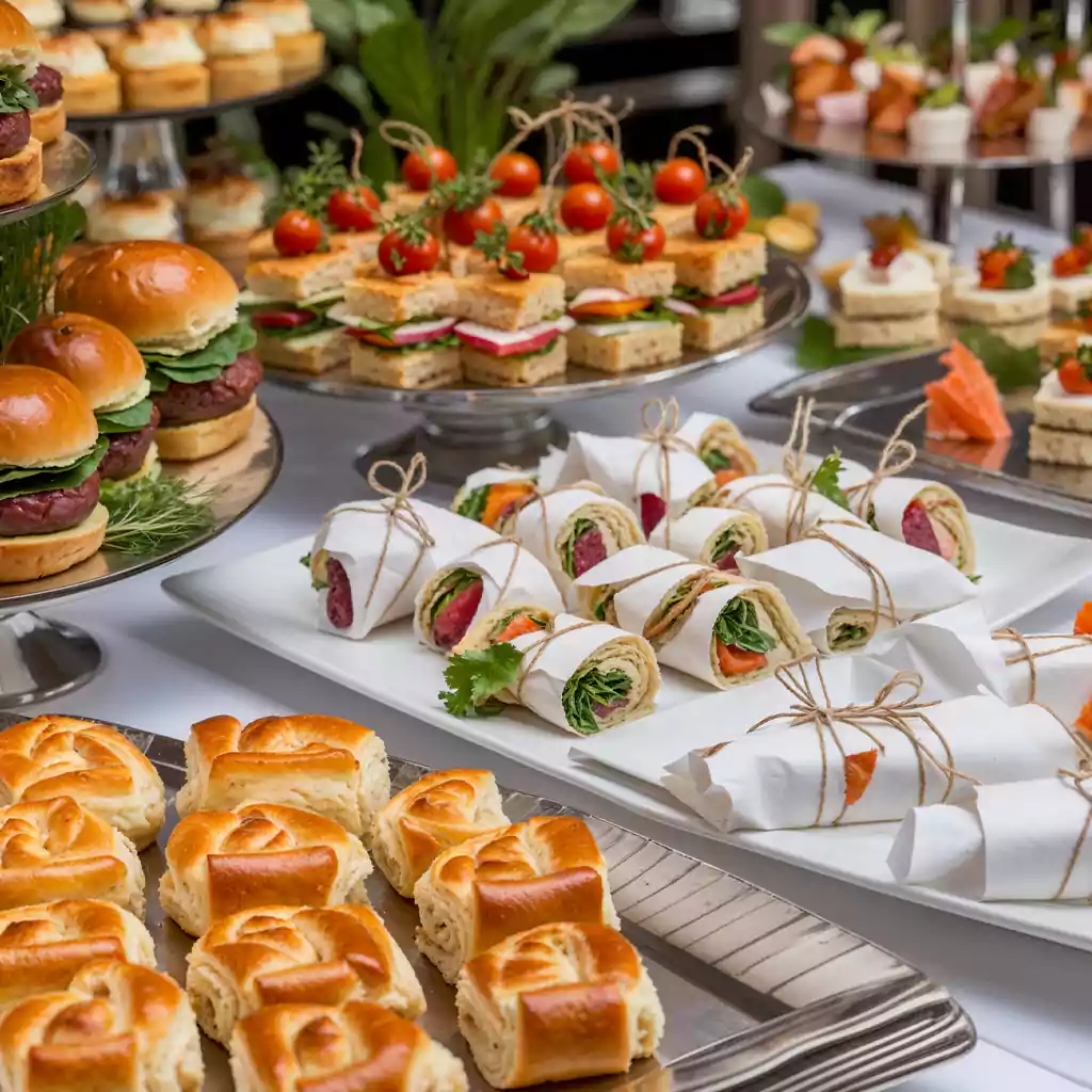 corporate catering display with gourmet mini burgers, fresh wraps, artisan sandwiches, and pastries, perfect for business receptions in Dubai.