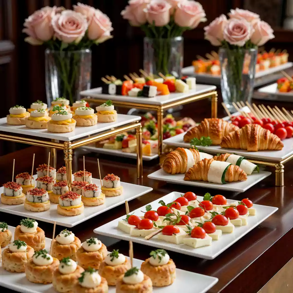 Luxury corporate catering setup with gourmet canapés, croissants, mini sandwiches, and skewers, elegantly arranged for business receptions