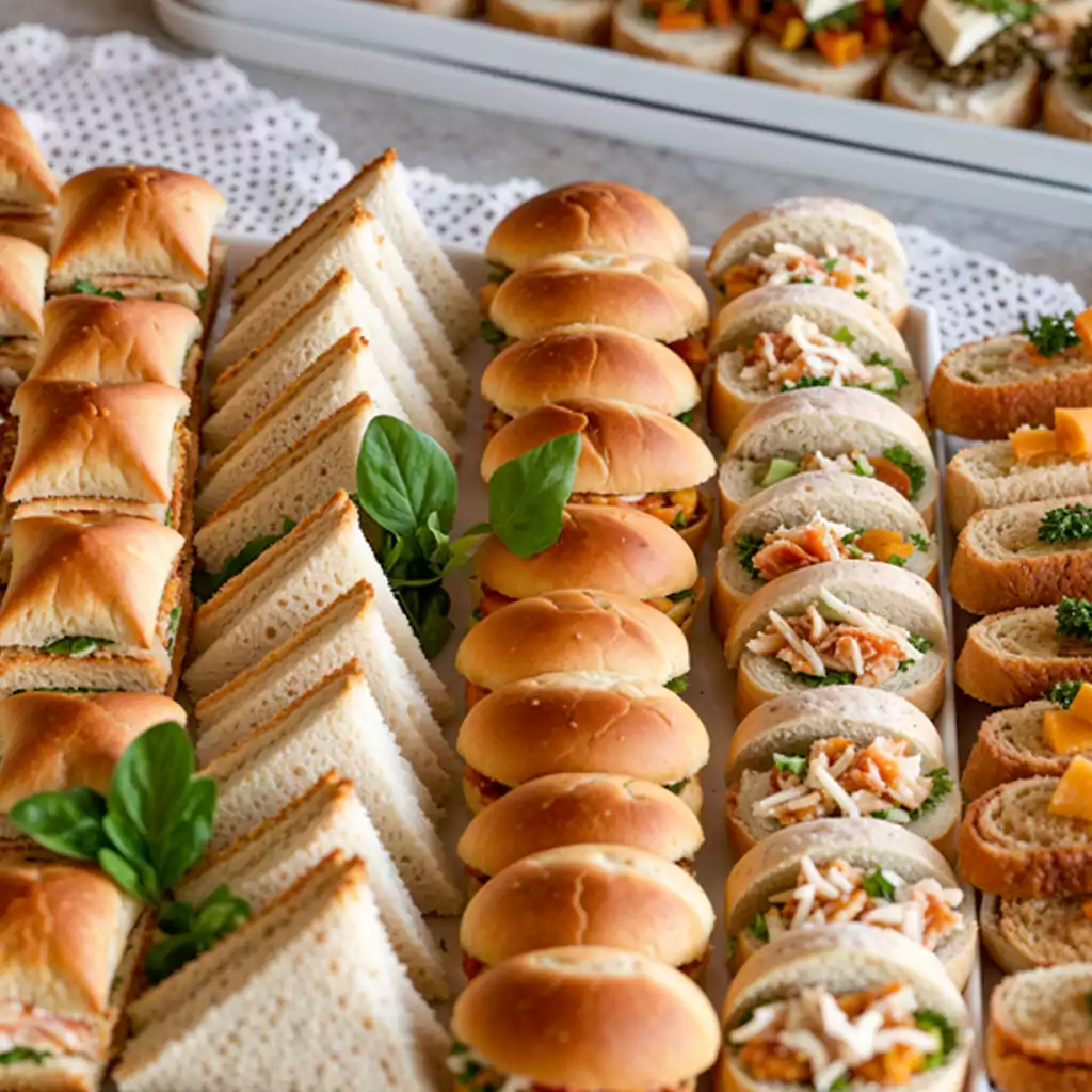 Gourmet corporate catering platter with assorted mini sandwiches, sliders, and fresh baguette bites, ideal for business meetings and office lunches