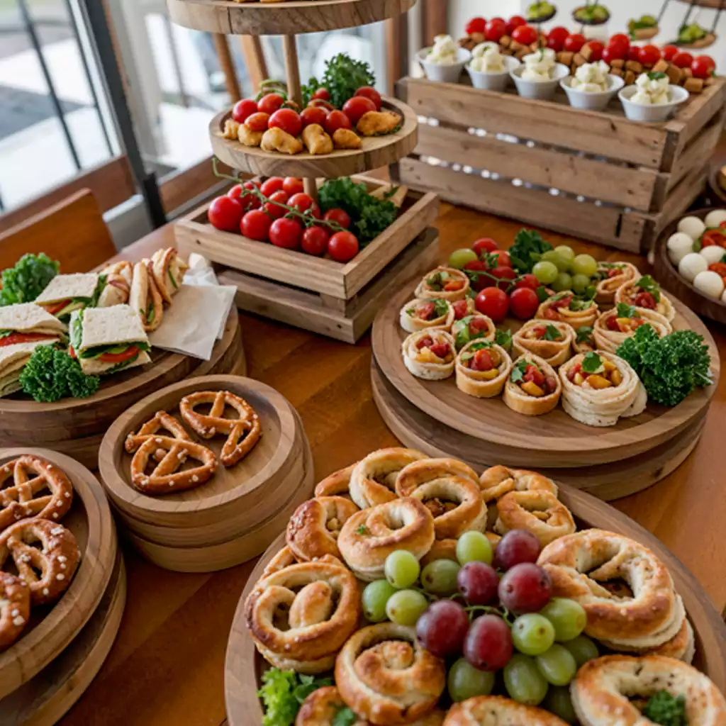 Rustic corporate catering display with gourmet pretzels, fresh sandwiches, mini tarts, and cherry tomatoes, ideal for business brunches and meetings