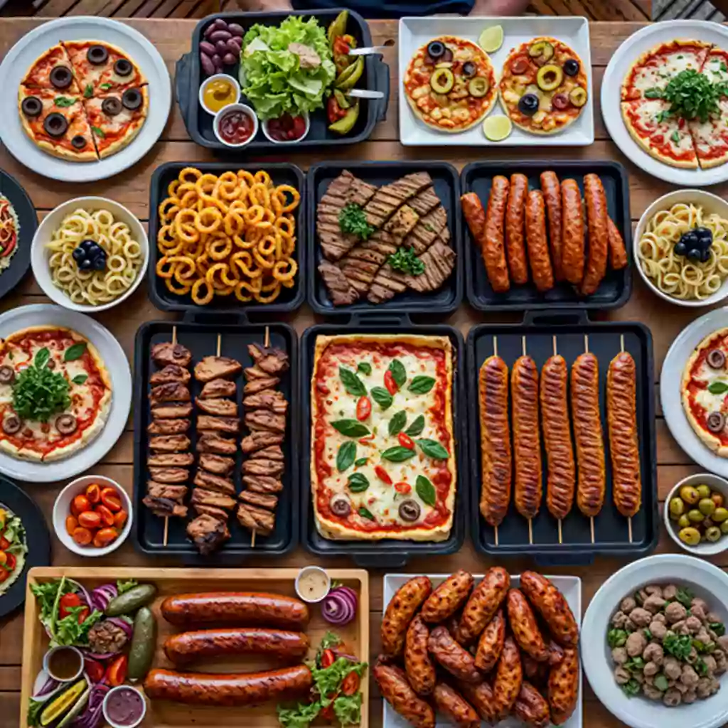 Corporate catering feast with grilled meats, gourmet pizzas, skewers, sausages, and pasta, ideal for business gatherings and executive events