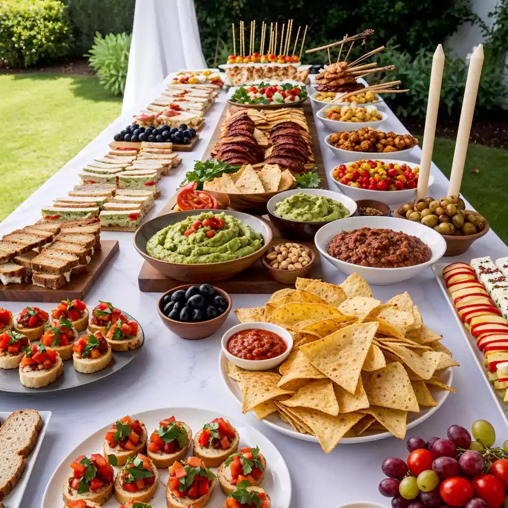 Outdoor corporate catering buffet featuring gourmet bruschetta, guacamole, nachos, sandwiches, and skewers, perfect for business networking events