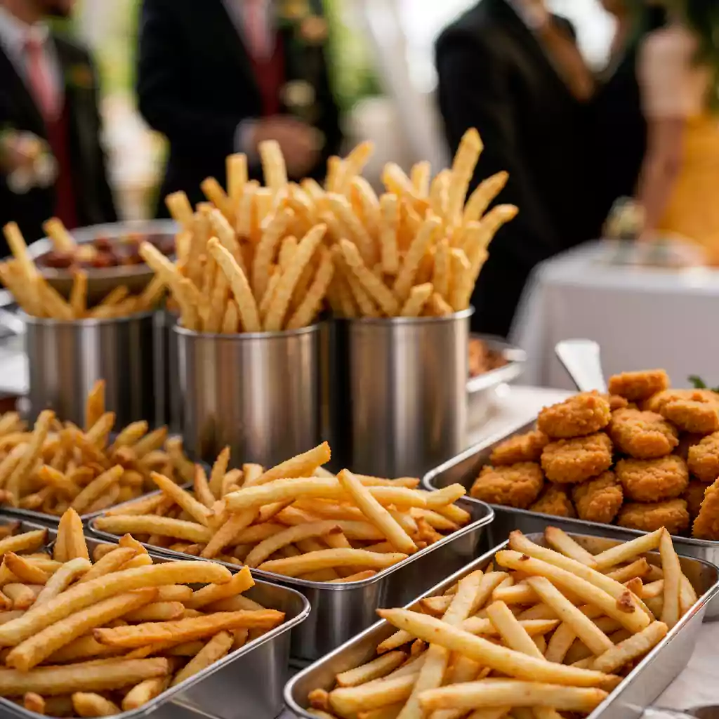 Casual corporate catering setup featuring crispy French fries and golden chicken nuggets, ideal for relaxed business gatherings and networking event