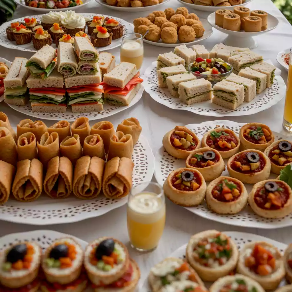 Elegant corporate catering buffet with gourmet sandwiches, savory pastries, mini pizzas, and appetizers, perfect for business receptions and meeting