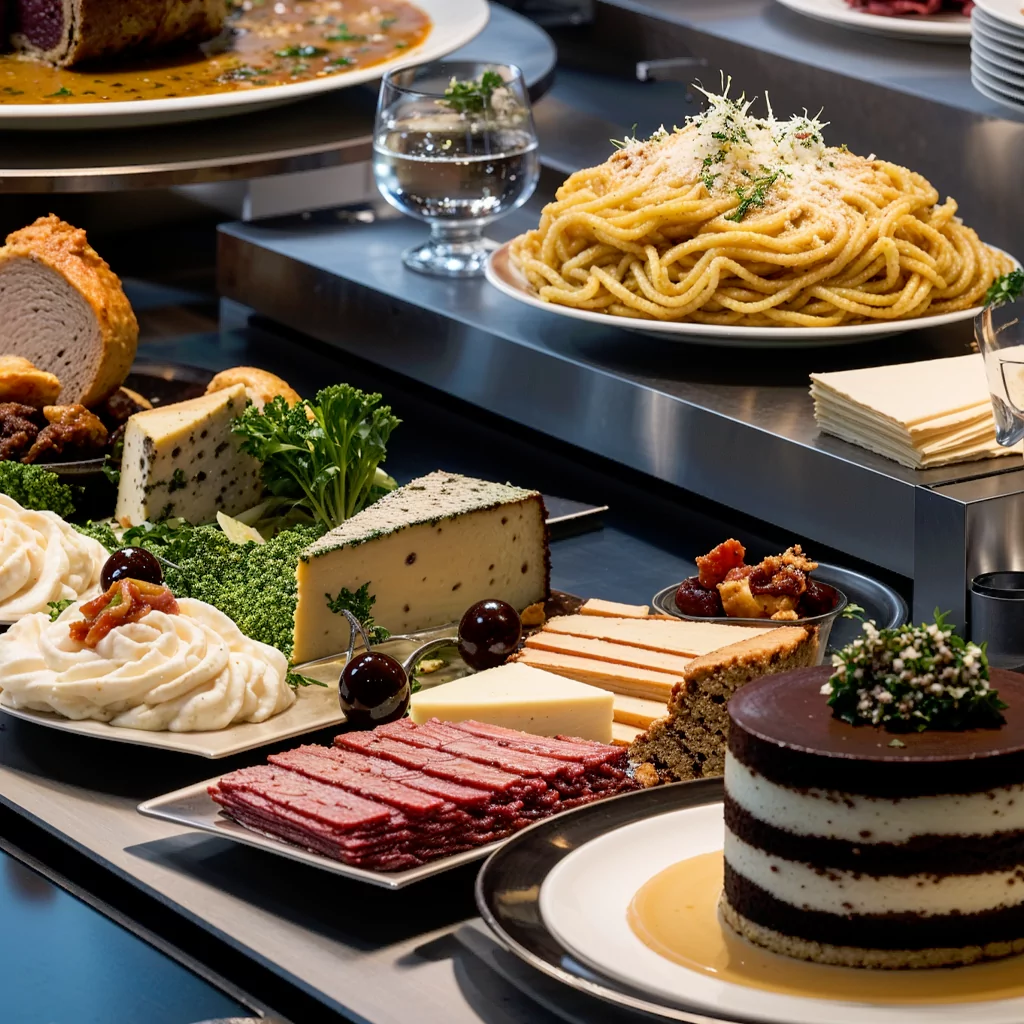 Stylish staff catering table setup with modern plating and gourmet options.