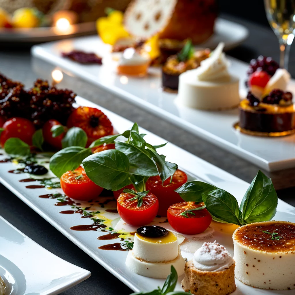 Office catering display with bite-sized snacks and refreshing drinks.