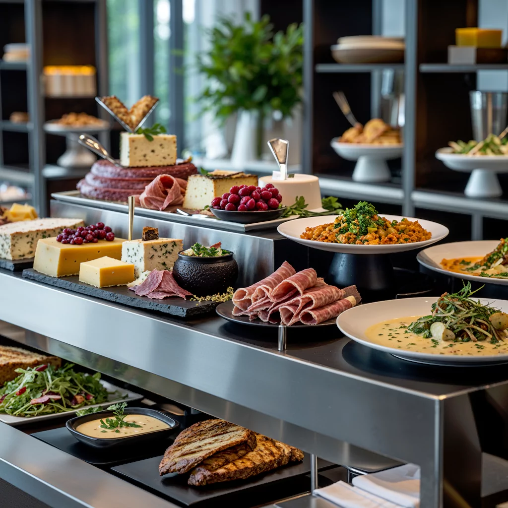 Premium catering spread with assorted wraps, fruits, and desserts for staff events.