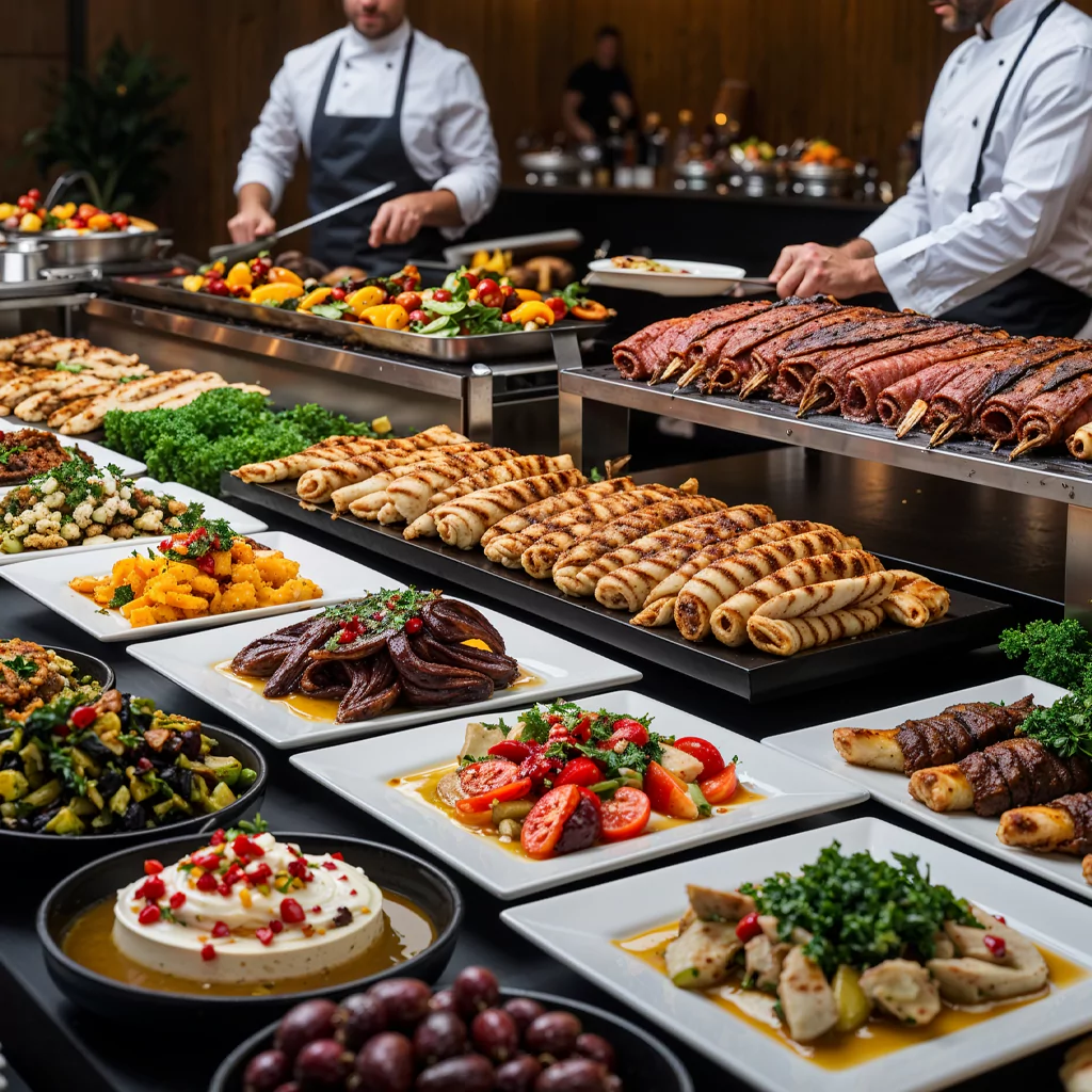Corporate breakfast catering with fresh pastries, juices, and seasonal fruits.