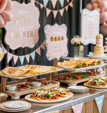 Interactive waffle bars and crepe stations for engaging baby shower catering.