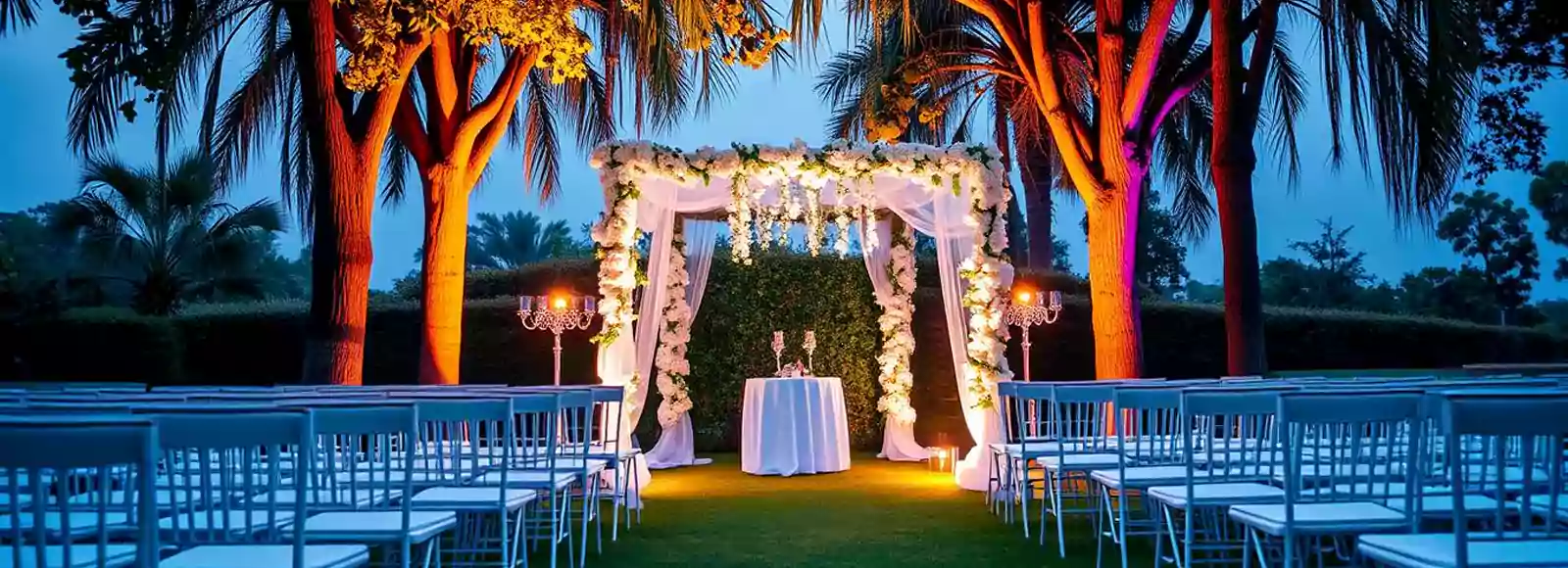 Elegant European-style outdoor wedding ceremony in Dubai, featuring a beautifully decorated floral arch, romantic candlelit setting.