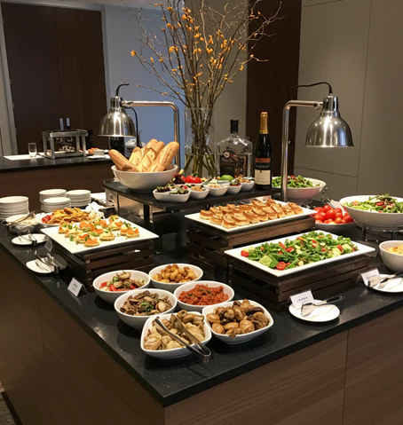 A French-style buffet for business meeting catering with fresh bread, canapés, and salads, ideal for corporate catering in Dubai