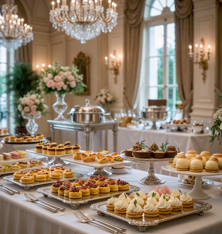 Sophisticated French dishes featuring delicate pastries and gourmet options for luxury events.