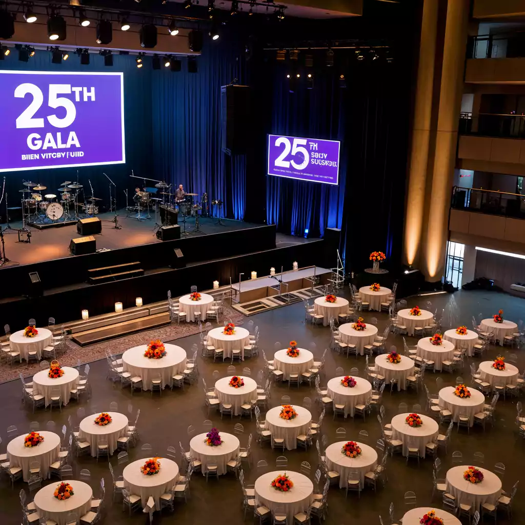 "Elegant gala dinner setup with luxurious table arrangements by MRM Events, the top event organizers in Dubai."