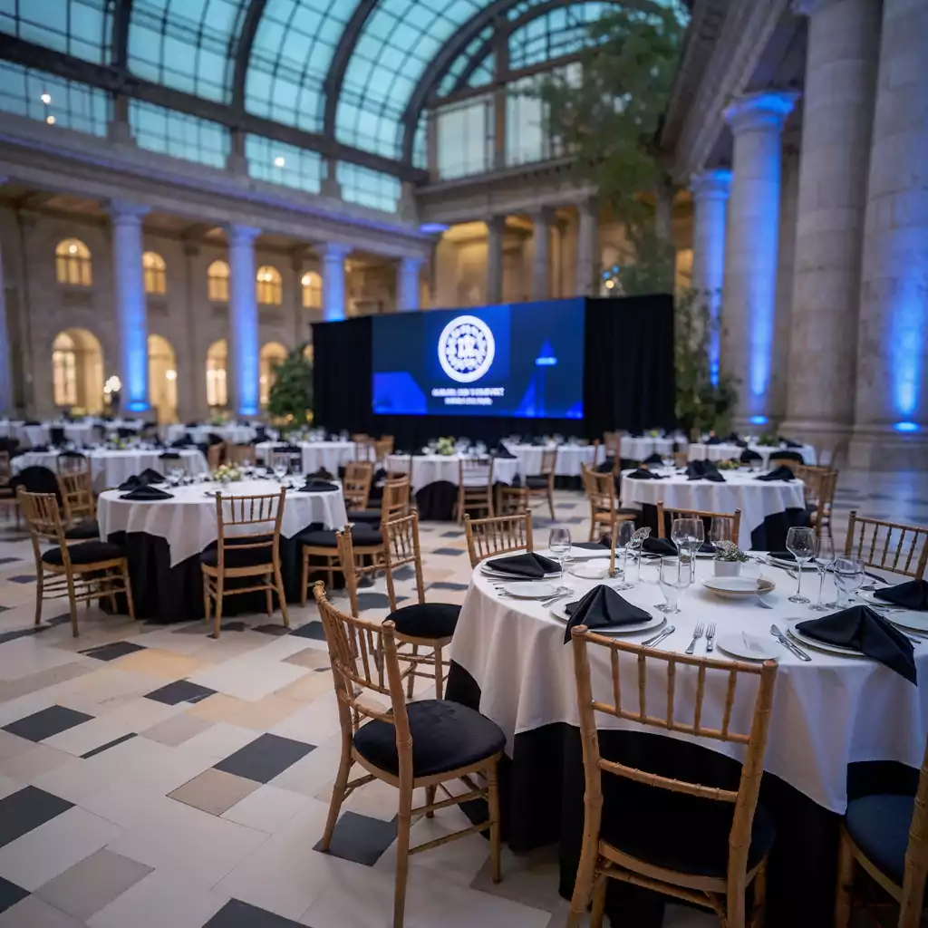 "Glamorous gala dinner environment designed with attention to detail by MRM Events in Dubai."