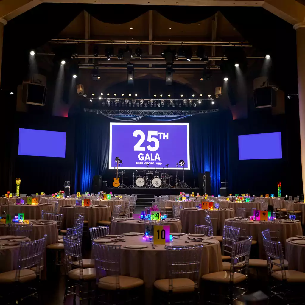 "Sophisticated gala dinner setup showcasing creative floral arrangements by MRM Events in Dubai."