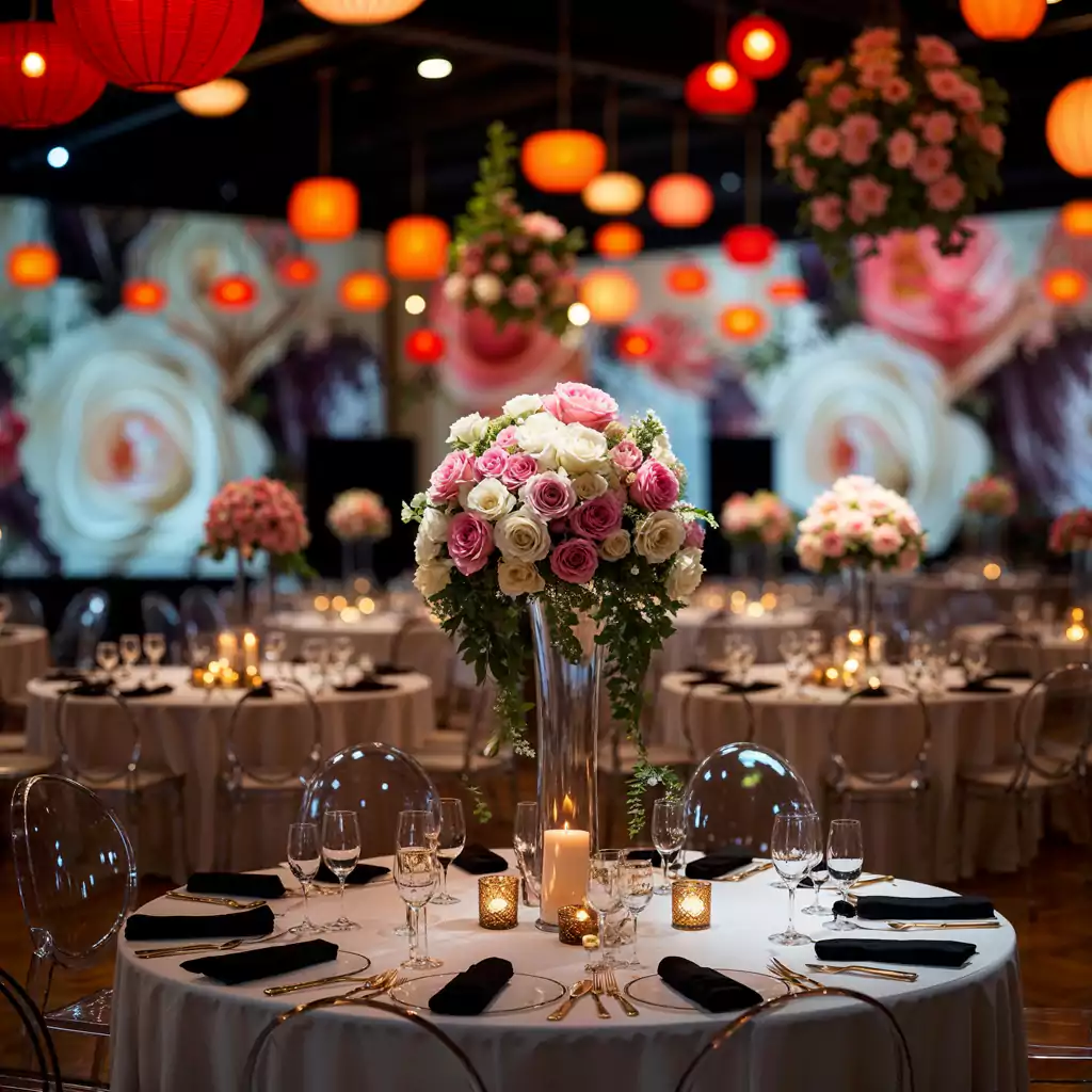 "Stylish gala dinner event featuring premium table settings and luxury design by MRM Events in Dubai."