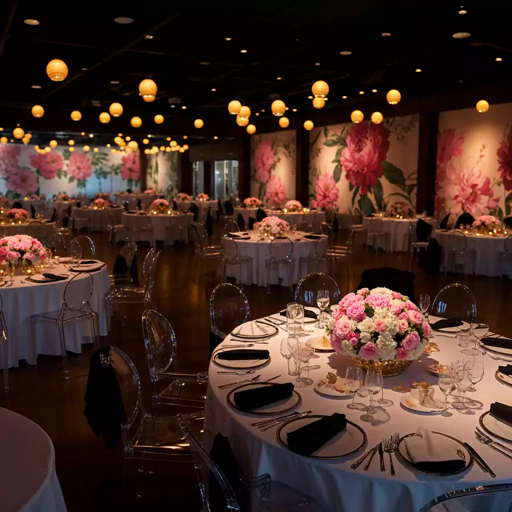 "Exclusive gala dinner decorations with intricate lighting design by MRM Events, Dubai's event experts."