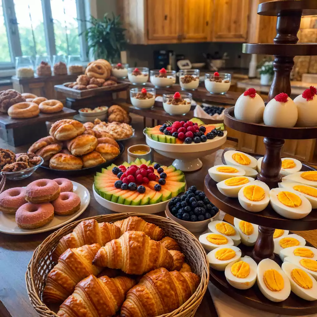 Breakfast catering spread with croissants, eggs, fresh fruits, pastries, and yogurt parfaits, elegantly arranged in a rustic kitchen setting