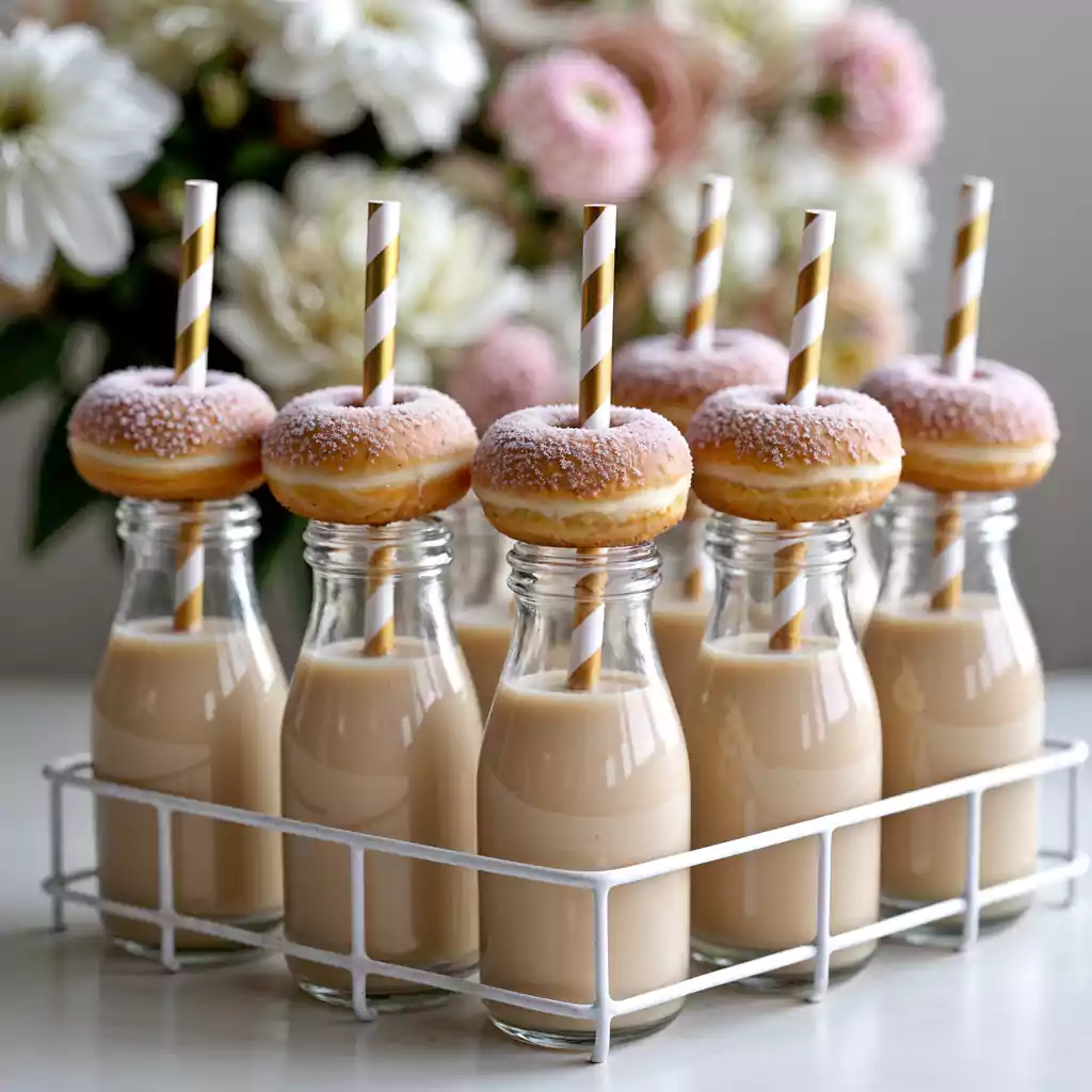 Charming milk and donut display featuring glass bottles of creamy latte topped with sugar-dusted mini donuts and striped gold straws for a stylish touch.