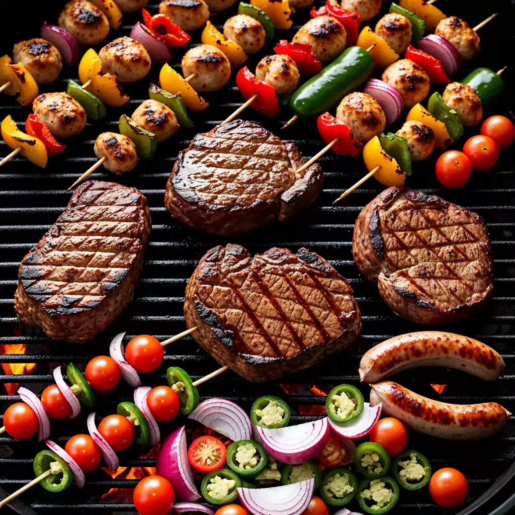 Grilled perfection with juicy steaks, skewered meatballs, vibrant vegetable kebabs, sausages, and fresh jalapeños sizzling over open flames