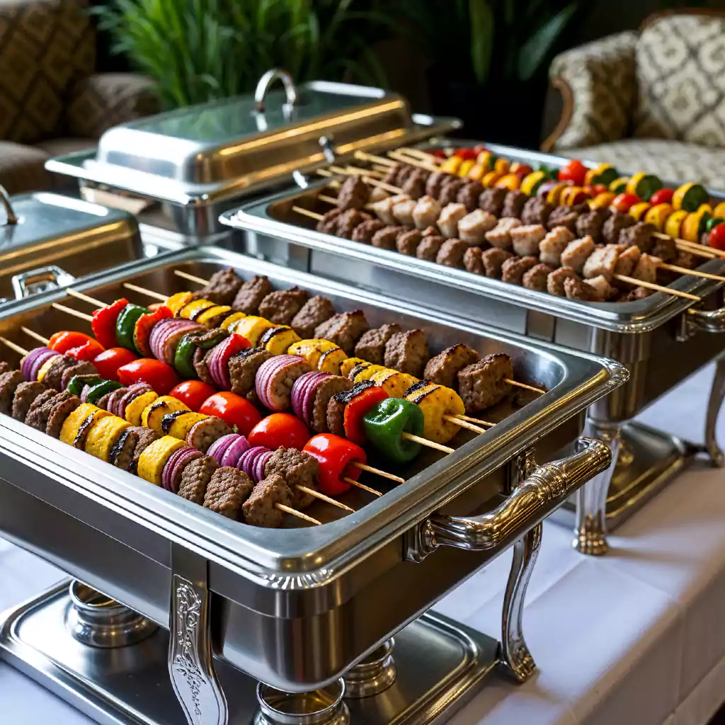 Elegant buffet setup featuring grilled kebabs with juicy meat, vibrant vegetables, and perfectly charred skewers, served in luxurious silver chafing dishes.