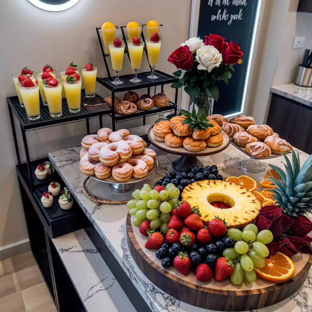 Elegant breakfast spread featuring fresh fruits, pastries, and juices, beautifully arranged on a marble countertop with a touch of floral décor