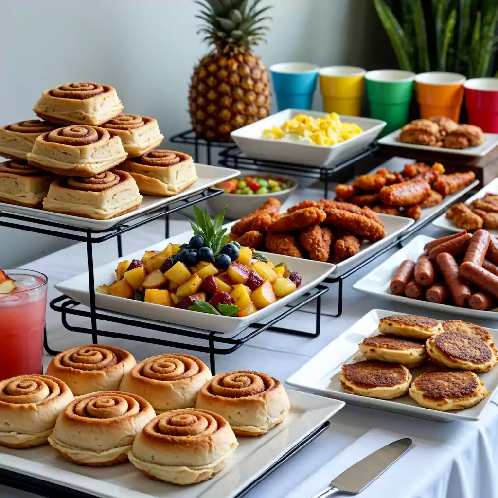 Delicious breakfast buffet featuring cinnamon rolls, fresh fruit salad, sausages, pancakes, and crispy chicken, elegantly arranged on a white table