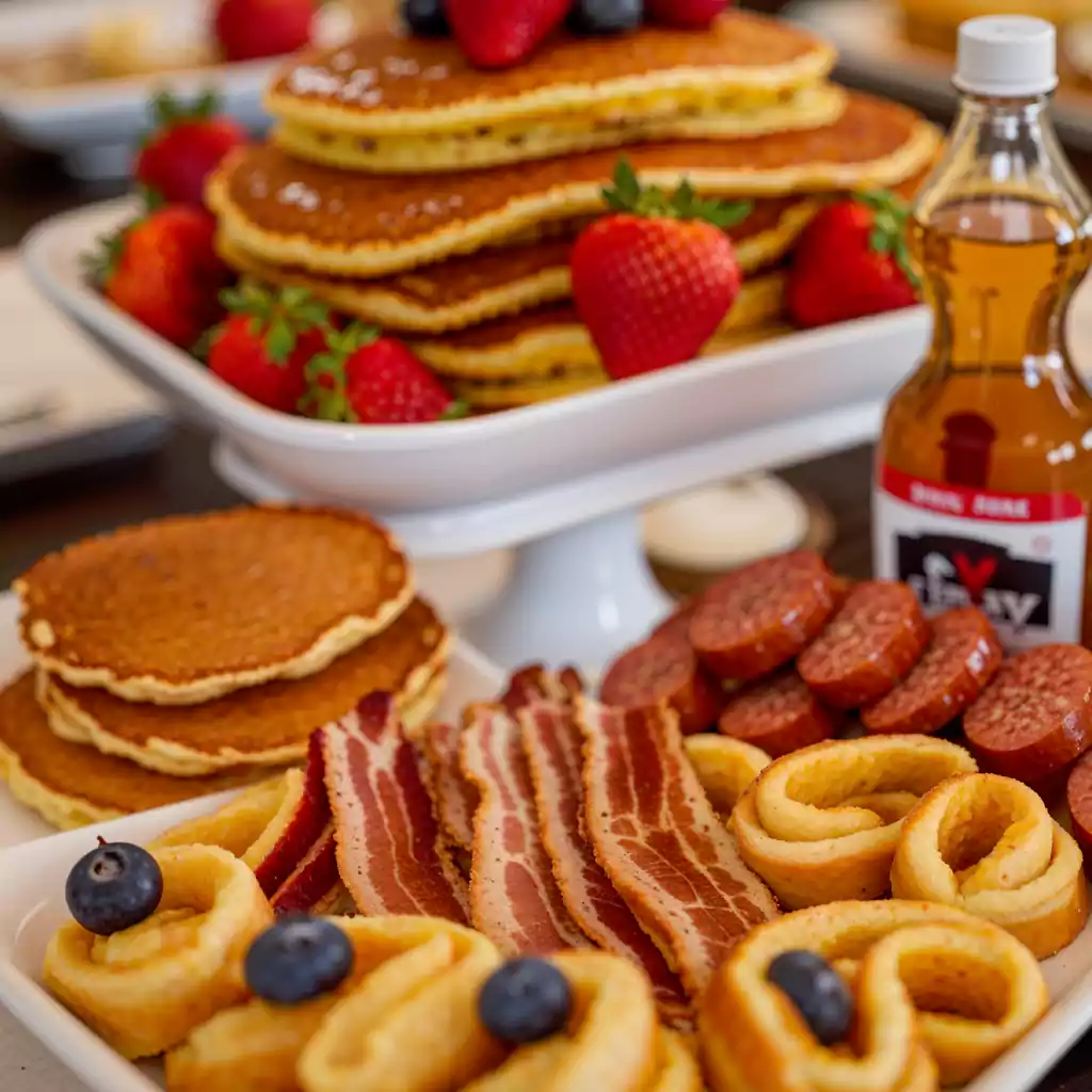 Stacked pancakes topped with fresh strawberries and blueberries, served with crispy bacon, sausages, and golden pastries, accompanied by a bottle of syrup.