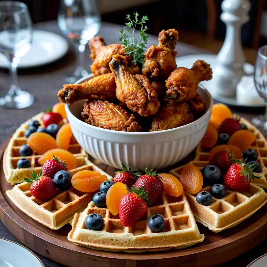 Heart-shaped waffles topped with fresh strawberries, blueberries, and dried apricots, served with a bowl of crispy fried chicken drumsticks for a perfect sweet and savory pairing