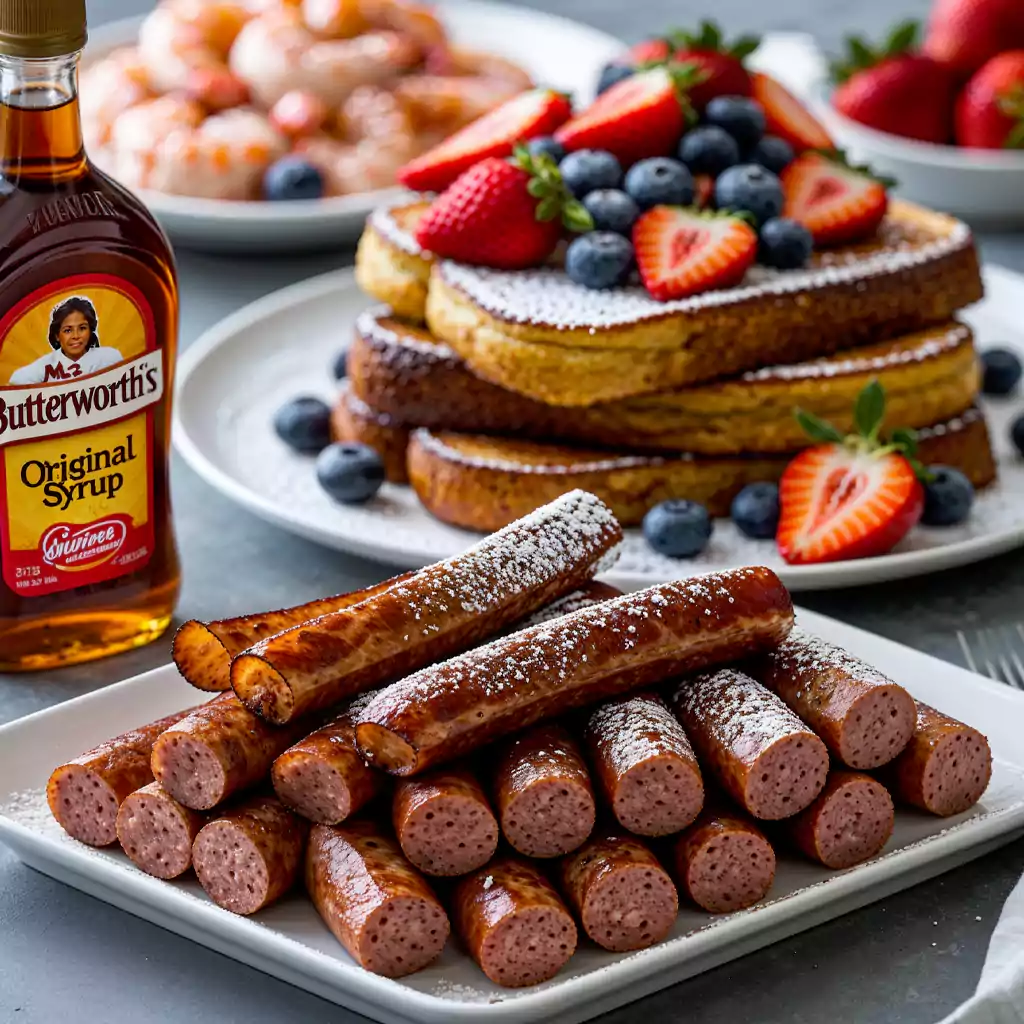 French toast with fresh berries, powdered sugar, and grilled sausages, served with maple syrup for a delicious breakfast spread.