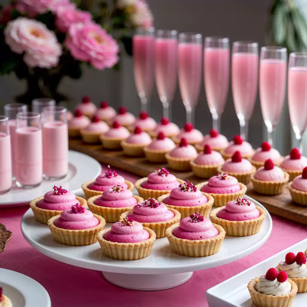 Pink-themed dessert table featuring raspberry tarts, mousse shots, and sparkling drinks, elegantly arranged for a sophisticated celebration