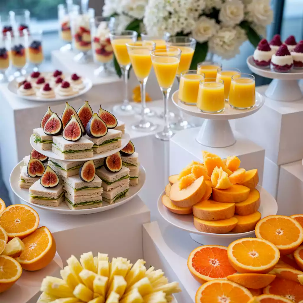 Elegant catering display with fresh fruit platters, fig-topped tea sandwiches, orange juice, and gourmet desserts, beautifully arranged on white stand