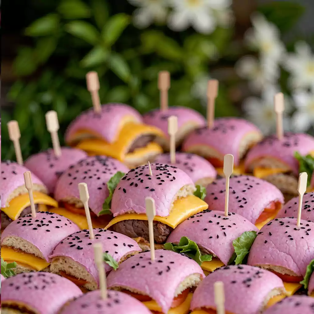 Mini gourmet sliders with pink sesame buns, cheddar cheese, and fresh lettuce, elegantly skewered for a stylish catering presentation
