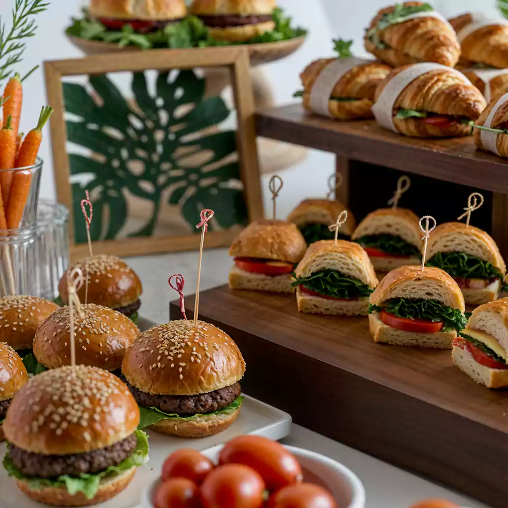 An assortment of gourmet mini burgers, croissant sandwiches, and fresh cherry tomatoes, elegantly presented on wooden trays for a stylish catering setup