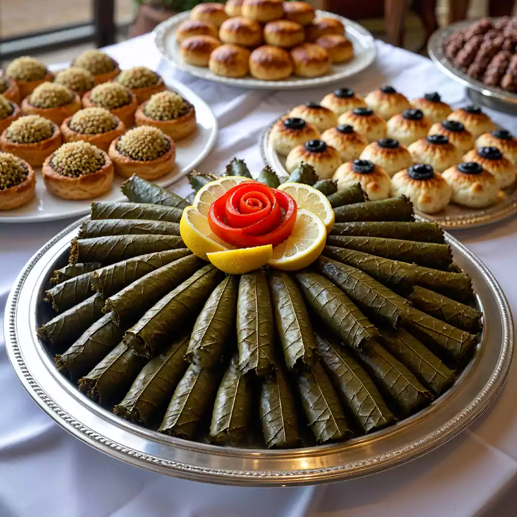 An elegant platter of stuffed grape leaves garnished with a tomato rose and lemon slices, surrounded by assorted Middle Eastern pastries for a lavish catering display