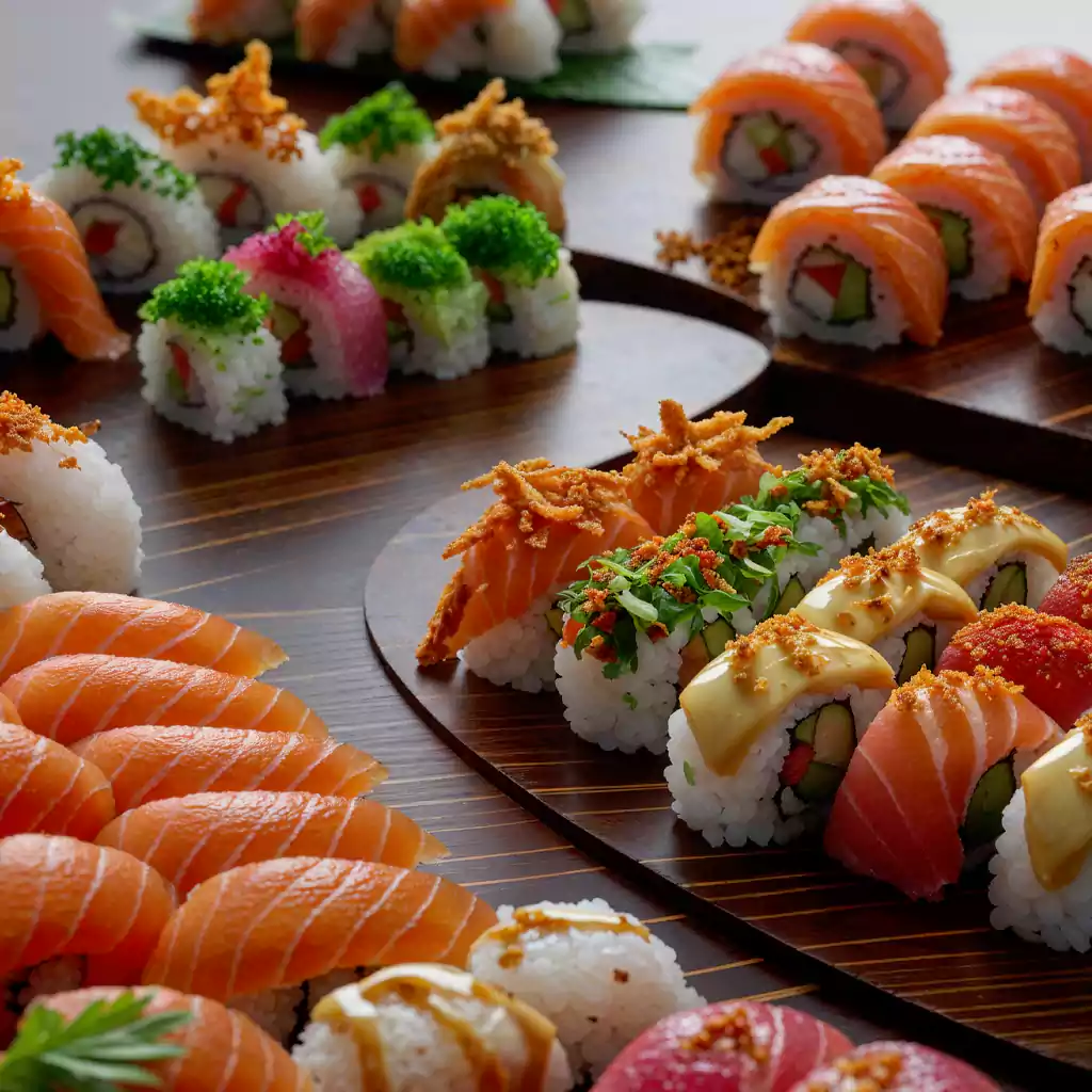 A beautifully arranged sushi platter featuring assorted rolls topped with fresh salmon, vibrant garnishes, and flavorful sauces, perfect for a gourmet catering experience