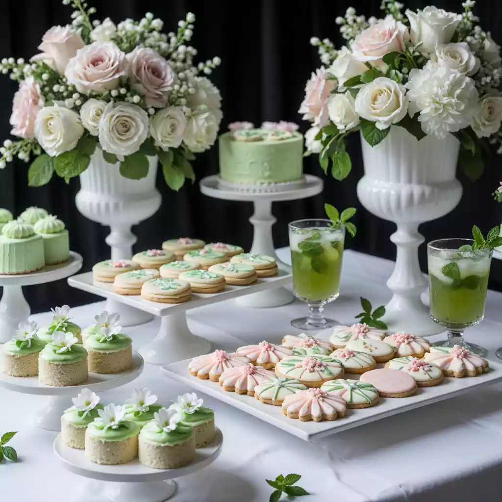 Elegant dessert table featuring pastel-themed cookies, mini cakes, and refreshing mint drinks, adorned with floral arrangements for a sophisticated catering setup