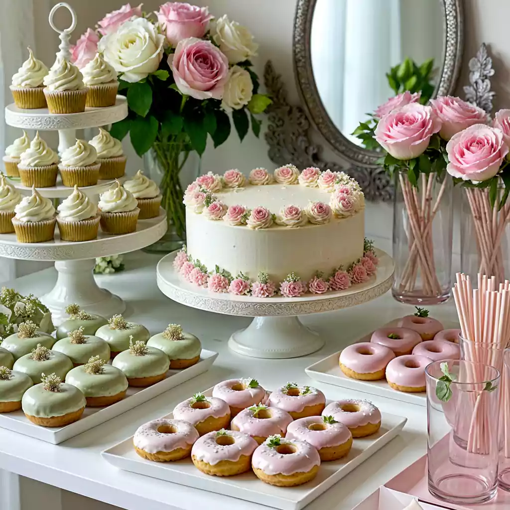 Charming dessert display featuring a floral-decorated cake, pastel cupcakes, and glazed donuts, elegantly arranged with roses for a refined catering setup