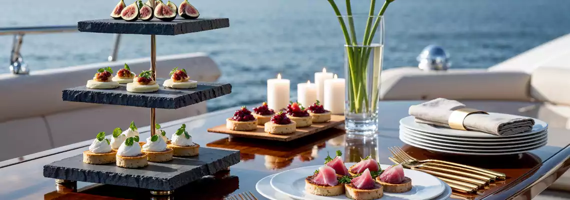 Gourmet appetizers designed to impress guests at exclusive yacht parties.